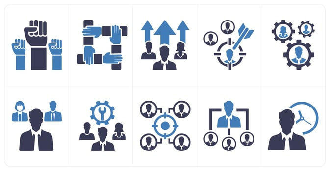 A set of 10 mix icons as teamwork, team efforts, target audience in blue color vector