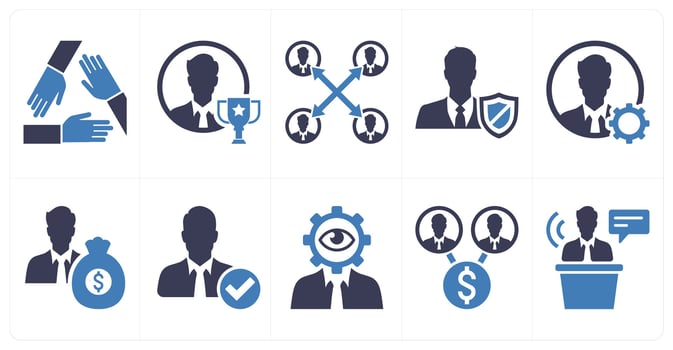 A set of 10 mix icons as unity, winner, work cooperation in blue color vector