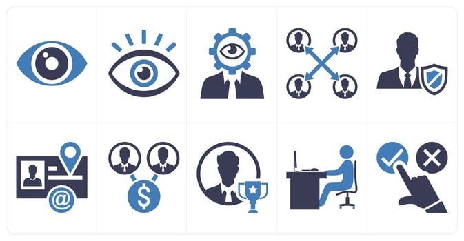 A set of 10 mix icons as vision, work cooperation, user security in blue color vector