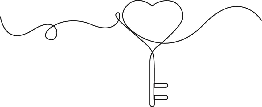 Single line heart key design heart shaped padlock and key line art icon, heart key line icon. love and romantic symbol. vector