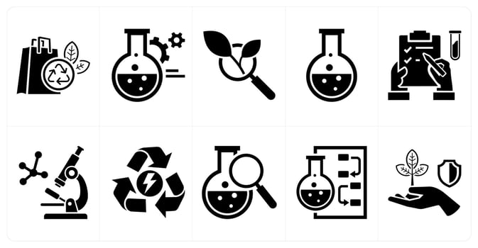 A set of 10 mix icons as recycle bag, research and development, organic search in black color vector