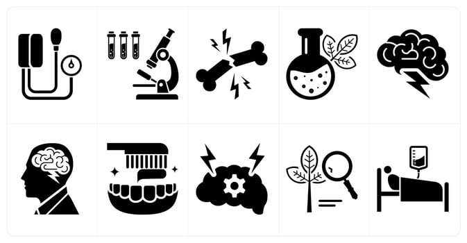 A set of 10 mix icons as blood pressure, biology, bone injury in black color vector