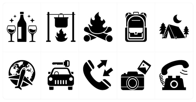 A set of 10 mix icons as champagne, camp cooking, camp fire in black color vector