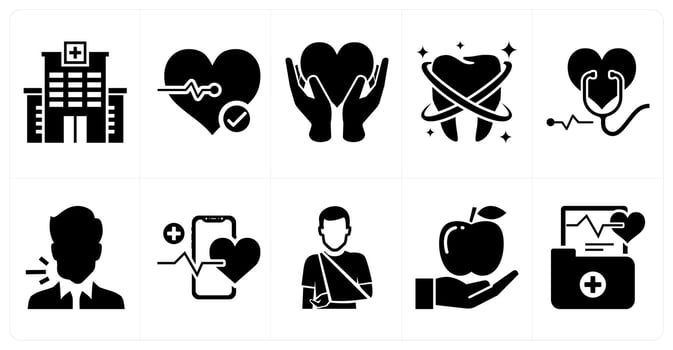 A set of 10 mix icons as hospital, heart check, heart care in black color vector