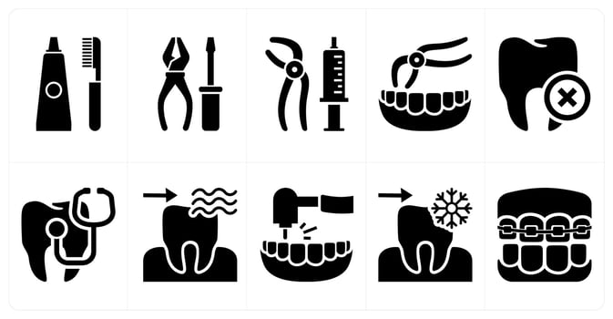 A set of 10 mix icons as tooth care, tools, tooth removal tool in black color vector