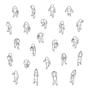 Isometric Line Art People Crowd Top View Diverse Characters Businesgn and Illustratios People Students Tourists for Web Desin vector