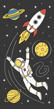 Cartoon Astronaut Floating in Space with Rocket Planets and Stars vector
