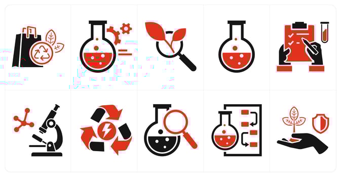 A set of 10 mix icons as recycle bag, research and development, organic search in red color vector