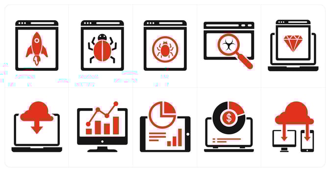A set of 10 mix icons as browser launch, bug fixing, clean code in red color vector