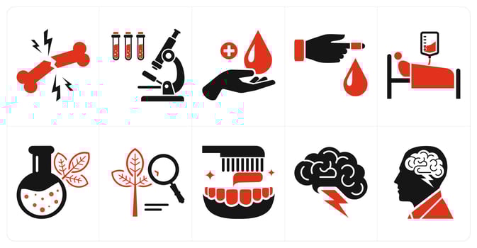 A set of 10 mix icons as bone injury, biology, blood donation in red color vector