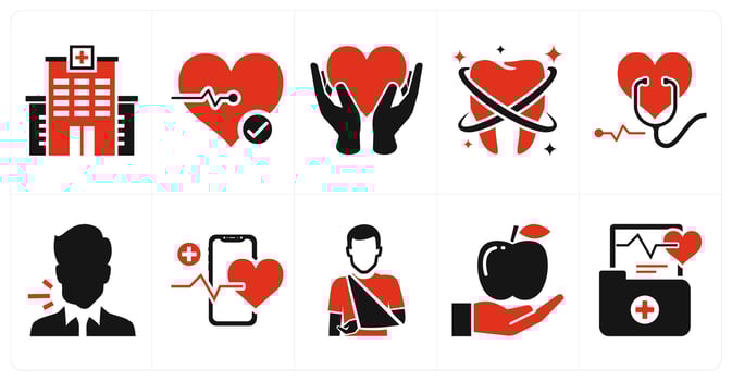 A set of 10 mix icons as hospital, heart check, heart care in red color vector