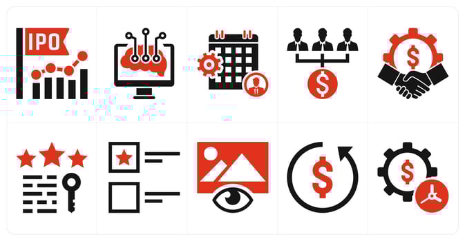 A set of 10 mix icons as ipo, intelligent data, job roster in red color vector