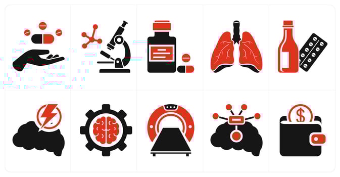 A set of 10 mix icons as medicine, microscope, lungs disease in red color vector