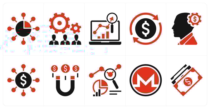 A set of 10 mix icons as marketing skills, management, marketing research in red color vector
