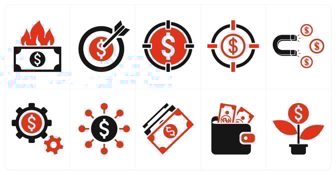 A set of 10 mix icons as money burning, money target, money magnet in red color vector