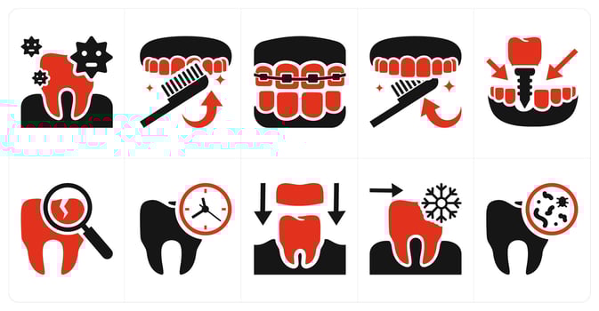 A set of 10 mix icons as teeth bacteria, teeth cleaning backside, teeth braces in red color vector