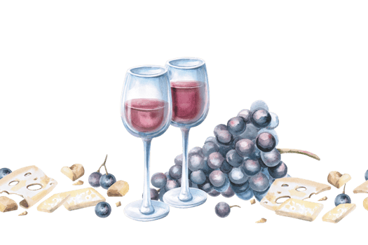 Seamless border with wine glasses, cheese and grapes. Isolated watercolor illustration for design of textiles for kitchen, tableware, interior, printing on posters for harvest festival, Wine Day. png