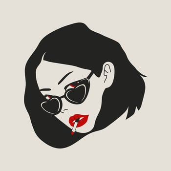 Fashionable female face art with cigarette and heart glasses vector