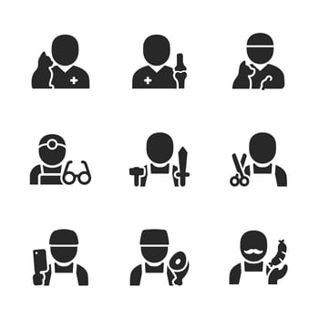 Profession solid icon set used in health, craft, and service occupation design concepts. vector