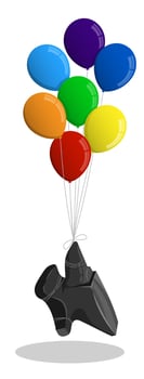 Bunch of balloons lifts up heavy anvil. Metaphor incredible effort vector