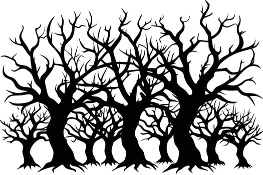 Spooky Silhouette of Barren Trees in a Mysterious, Eerie Forest, a Dark and Creepy Halloween Illustration vector