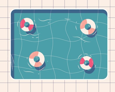 An inviting bird's-eye view captures a refreshing swimming pool, the turquoise water gently rippling with four vibrant life rings. vector