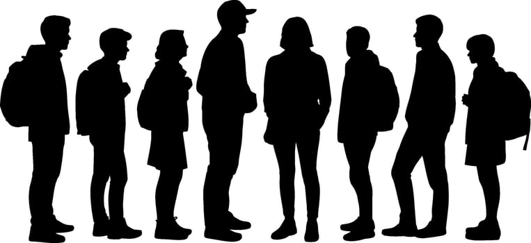 Group of diverse people standing in a line wearing backpacks silhouette vector