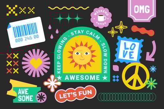 Funky hipster retrowave stickers in geometric shapes. Retro-style fun Y2K graphic collection of cool cute stickers, trendy patches, tags in groovy style. illustration of y2k, 90s labels vector