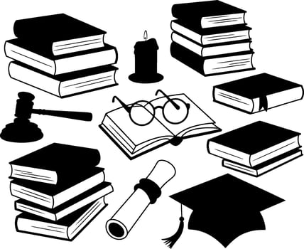 Collection of black silhouette academic and legal symbols on white background books stacks of books vector