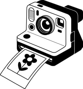 Black and white illustration of a vintage instant camera printing a photo of a flower vintage camera vector
