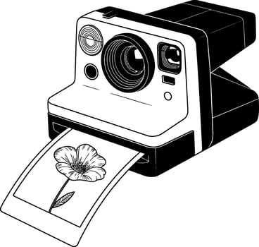 Black and white line art of instant camera printing a flower photograph vintage camera photography vector