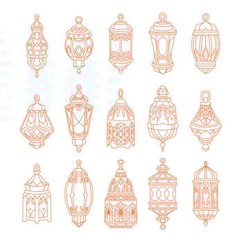 Set of Arabic Lantern Set Collection with Line Art or Outline Style for ornament pattern, Islamic Lantern Decoration, Ethnic Arabic traditional Hanging lamp art background wedding decoration. vector