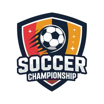 Soccer championship logo with a flying ball and a shield in a modern, dynamic style vector