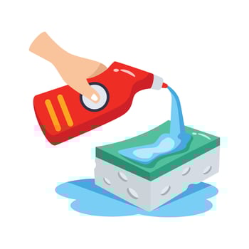 A hand pouring cleaning solution from bottle into sponge. vector