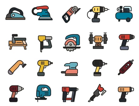 Set of colored power tools icons with stroke. Solution for your technical and professional illustrations. vector