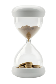 Hourglass with flowing sand and gold coins symbolizing passage of time and financial png