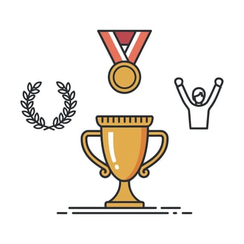 Achievement Award Trophy with Medal, Laurel Wreath, and Celebrating Figure Icons for Recognition and Success in Competitions vector