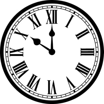 Black and white clock face with Roman numerals and clock hands time vector