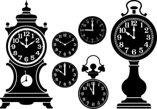 Collection of vintage black clock silhouettes on white background time antique vector
