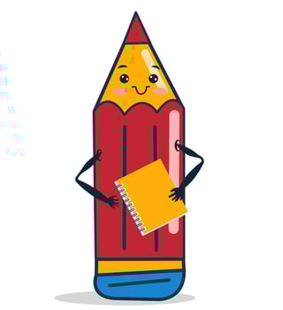 A cheerful pencil character stands upright, holding a yellow notebook. This vibrant illustration captures a playful school theme, perfect for educational materials or children s art vector