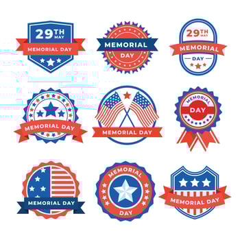 Set of Happy Memorial Day Badge Collection, Label and United States Veteran National Holiday Greeting Card with USA Flags Banner and Stars. Red, White and Blue American Flag Colors. vector