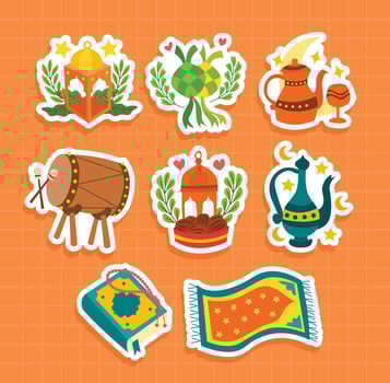 Set of Islamic Ramadan Sticker Label Design Collection with white edge. Arabic Lanter, Pot, Drum, Quran and Carpet Set of hand drawn Ramadan. Good for Daily planners vector