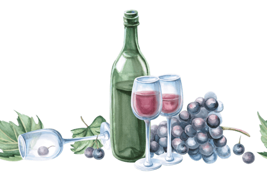 Seamless border with wine glasses, cheese, grapes, bottle. Isolated watercolor illustration for textile design for kitchen, tableware, interior, printing on posters for harvest festival, Wine Day. png