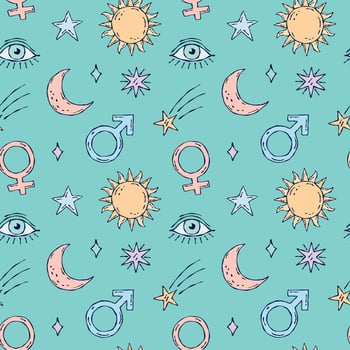 A seamless colorful pattern featuring hand-drawn mystical elements eye, male and female symbols, comet, star, sun, and moon in vibrant colors on a bright blue background vector