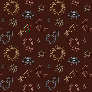 A seamless pattern featuring colorful outline drawings of mystical elements eye, male and female symbols, comet, star, sun, and moon on a rich brown background vector