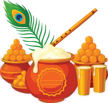 A Divine Janmashtami Celebration with Krishna's Symbols and dahi handi vector