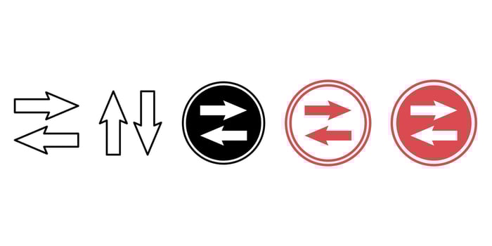 Universal two arrow switch set in black, red and outline styles vector