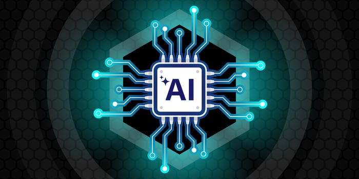 Brightly glowing AI chip on light circuit board vector