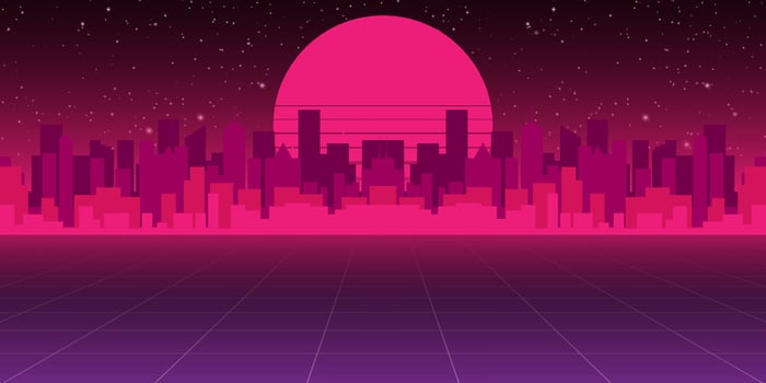Retro neon background with 80s styled laser grid and stars from vintage arcade computer vector