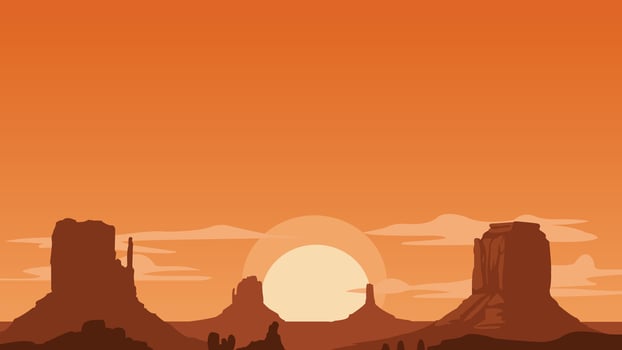 Flat design of a desert landscape at sunset, inspired by Monument Valley. Features warm orange tones and iconic rock formations in a peaceful horizon view. vector